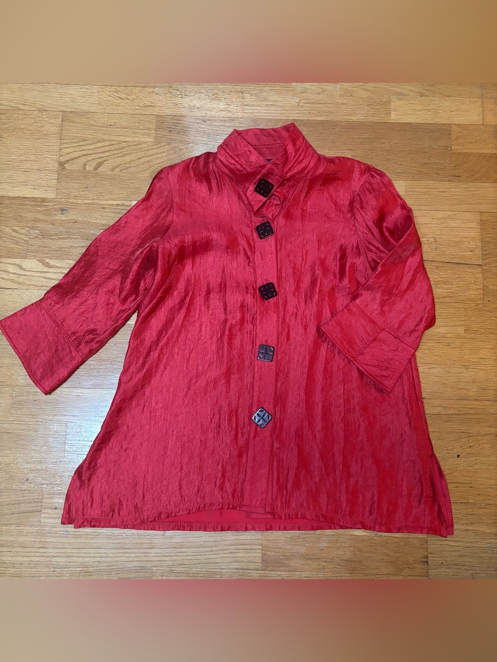 Ali Miles Tomato Red Ornate Button Baggy Lagenlook Mandarin Collar Tunic M